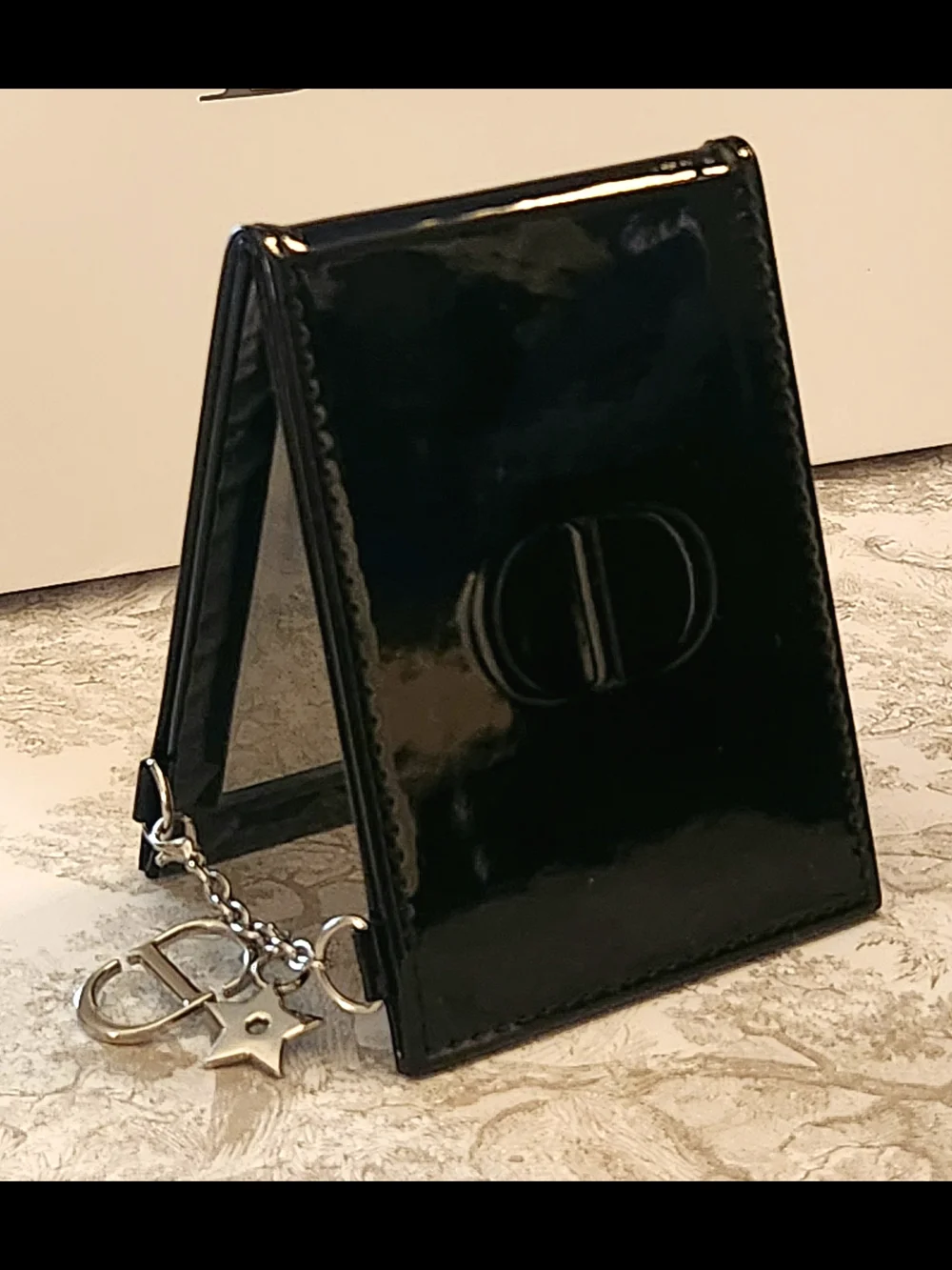 NEW Dior GWP Black Patent Foldout Mirror |Silver CD & Star Charm | Dior Gift Bag